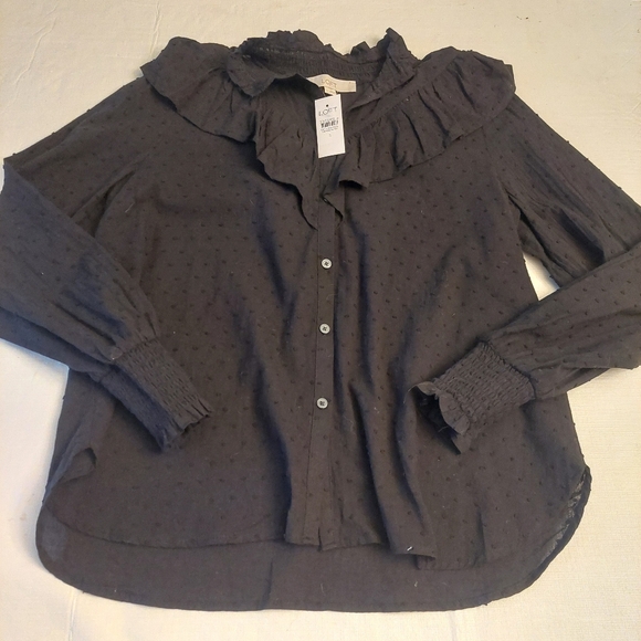 Loft Black Swiss Dot Ruffle Trim Long Balloon Sleeve Blouse Regencycore Size S - Picture 3 of 12